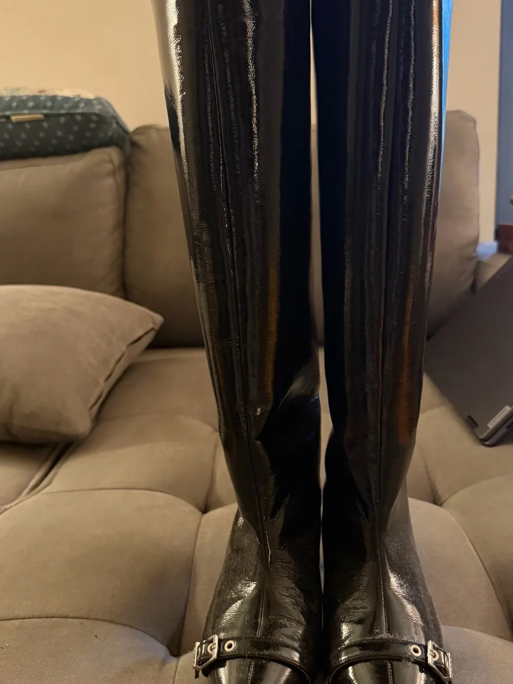 Ganni Black Patent Over-the-Knee Pointed Toe Boot